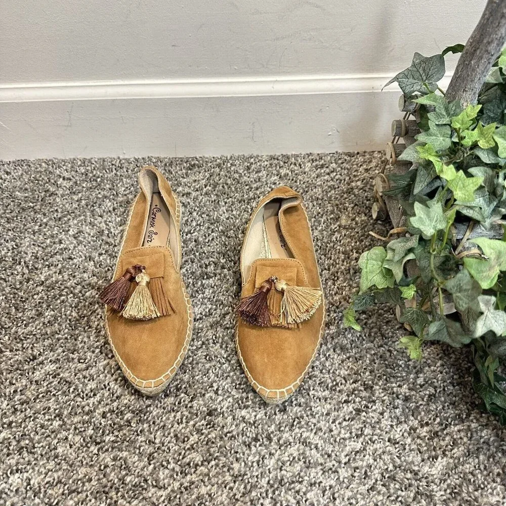 CARMEN SAIZ Camel Brown Suede Pointed Toe Espadrille Flat Shoes 36 US 6 New